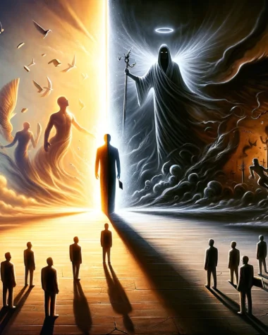 dall·e 2024 03 18 21.08.21 a dramatic and symbolic illustration that captures the essence of a mystical struggle between light and darkness, represented by two ambiguous figures