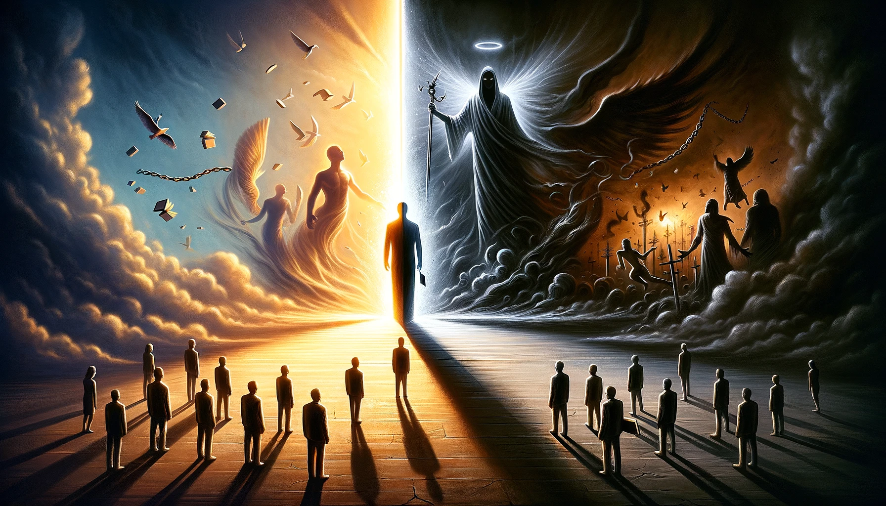 dall·e 2024 03 18 21.08.21 a dramatic and symbolic illustration that captures the essence of a mystical struggle between light and darkness, represented by two ambiguous figures