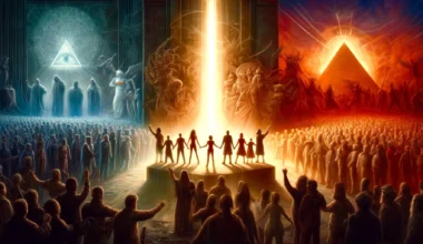 dall·e 2024 04 04 14.32.02 the illustration captures a dramatic confrontation between humanity and its hidden rulers. in the foreground, a diverse group of people stands resilie
