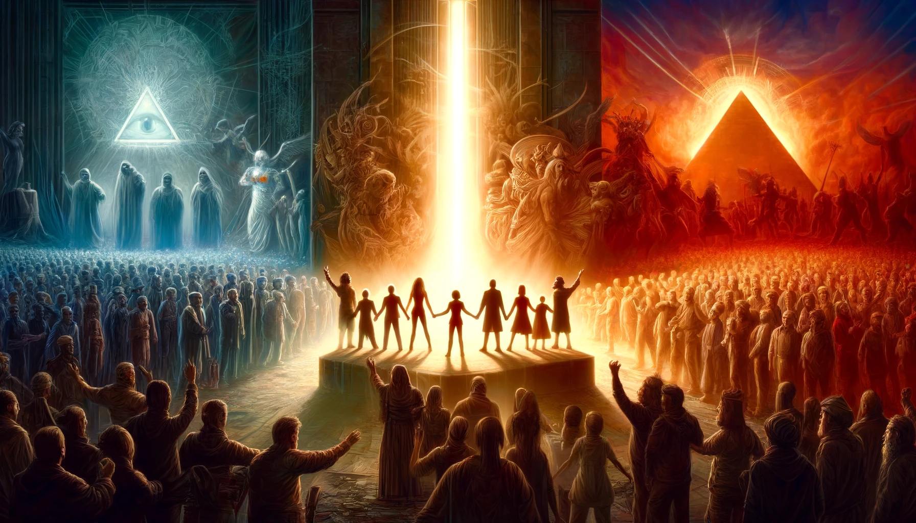 dall·e 2024 04 04 14.32.02 the illustration captures a dramatic confrontation between humanity and its hidden rulers. in the foreground, a diverse group of people stands resilie