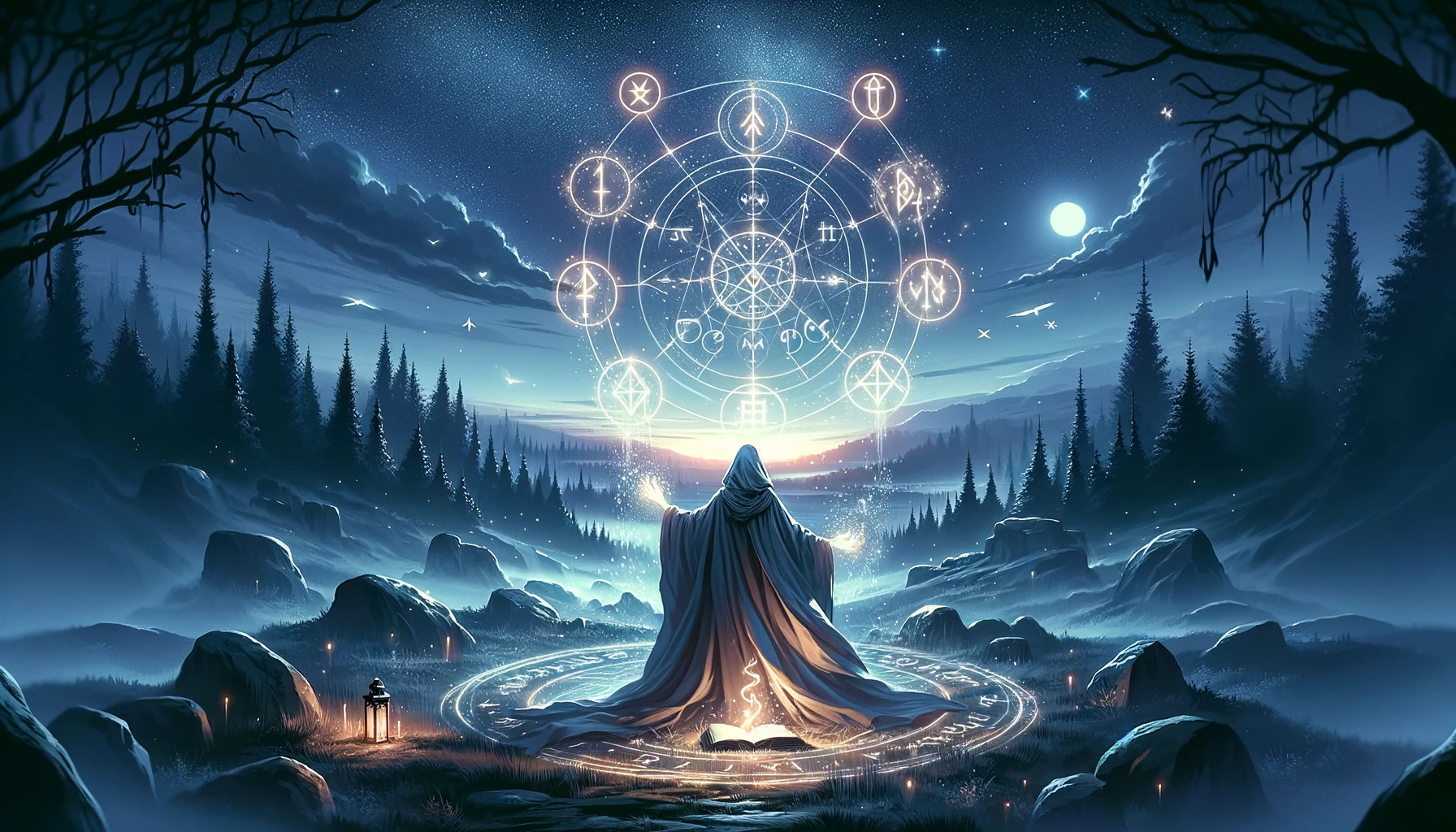 dall·e 2024 04 17 13.10.41 a mystical illustration for an article about 'personal magic'. the image features an ethereal landscape at twilight, with glowing runes floating in th