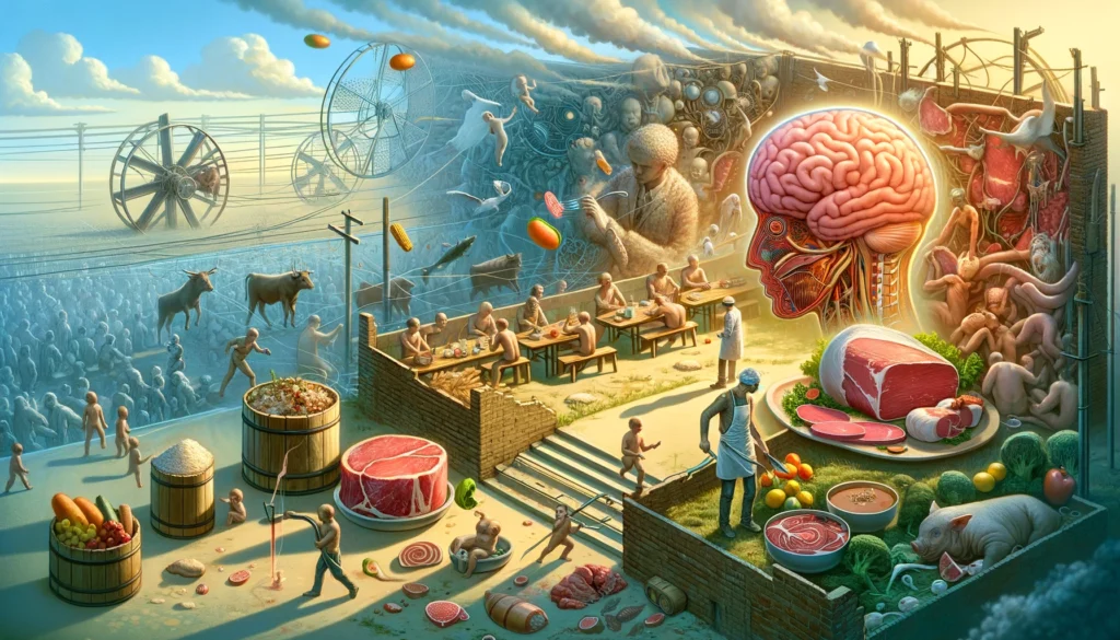 Here are the illustrations inspired by the text on the topic of meat consumption from both a mental and health perspective, including historical changes in humanity's eating habits and their impacts on physical and mental health, as well as ethical and environmental issues related to meat consumption.