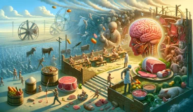 dall·e 2024 02 15 12.11.03 illustrate a scene inspired by the text about the topic of meat consumption from both a mental and health perspective. the image should include elemen