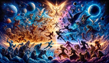 dall·e 2024 02 14 15.10.47 the illustration should capture a complex and dynamic cosmic battle where the forces of light engage in combat with darkness to highlight truth and