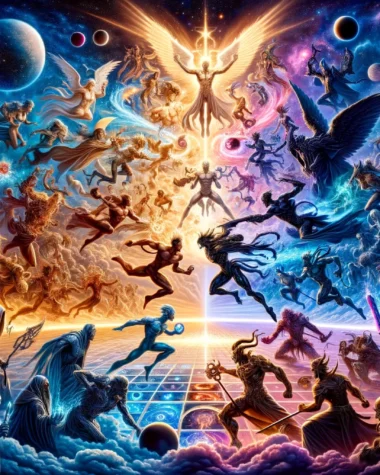 dall·e 2024 02 14 15.10.47 the illustration should capture a complex and dynamic cosmic battle where the forces of light engage in combat with darkness to highlight truth and