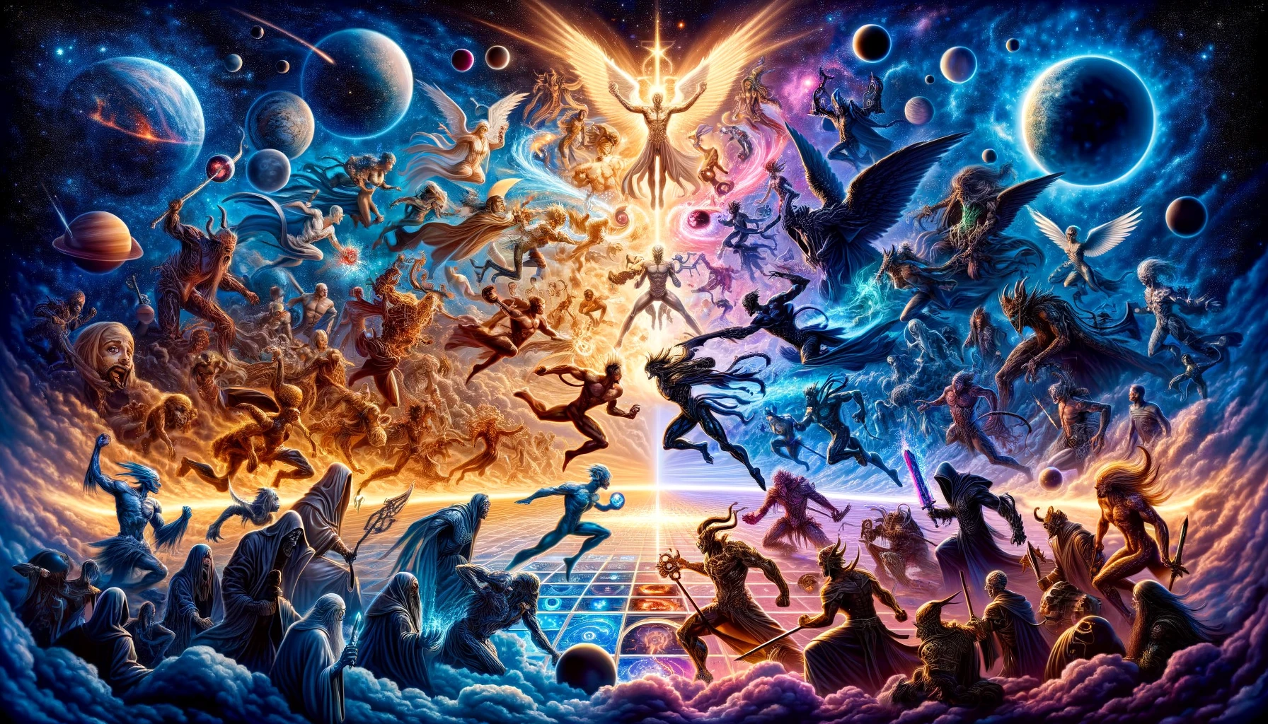 dall·e 2024 02 14 15.10.47 the illustration should capture a complex and dynamic cosmic battle where the forces of light engage in combat with darkness to highlight truth and