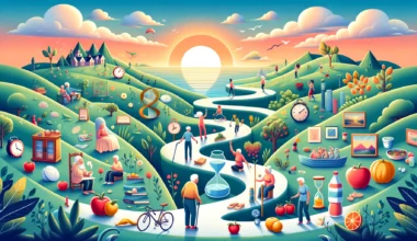dall·e 2024 02 13 21.40.13 illustration depicting a journey through life, highlighting key themes of health, time perception, and aging gracefully. the image shows a winding pat
