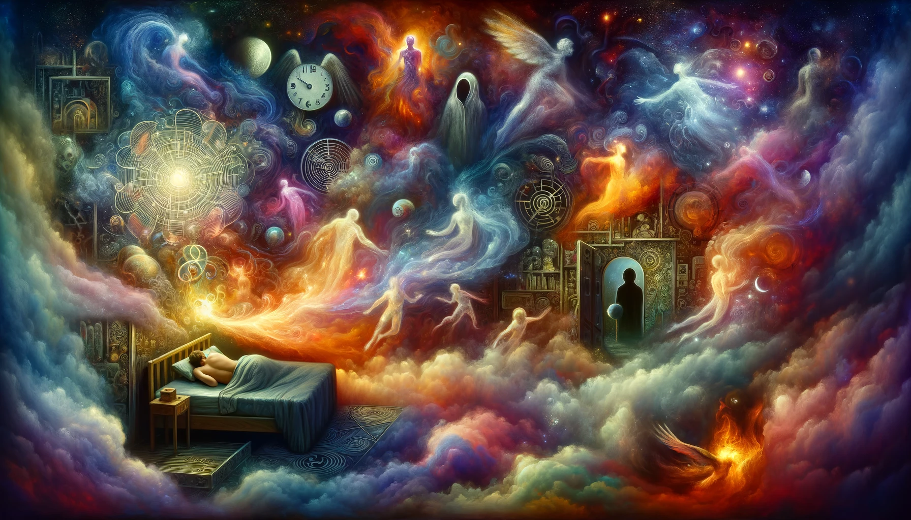 dall·e 2024 02 15 21.02.22 a mystical and surreal illustration that captures the essence of dreams and their complex nature. the image features a person sleeping peacefully in t
