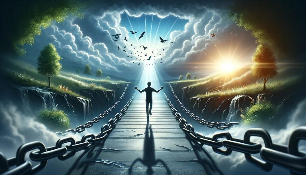 dall·e 2024 02 16 14.09.39 a symbolic representation of breaking free from the chains of conformity and embracing one's true self. the image should illustrate the journey of dis