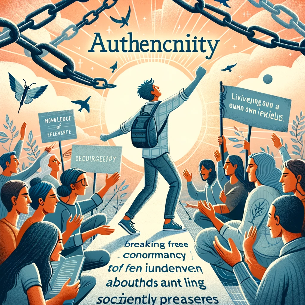 dall·e 2024 02 16 14.22.30 an illustration showcasing the importance of authenticity in personal development. it should visually depict a person breaking free from chains of con