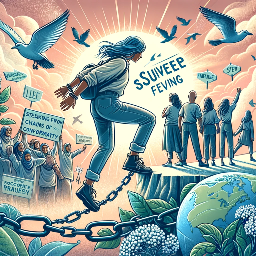 dall·e 2024 02 16 14.22.31 an illustration showcasing the importance of authenticity in personal development. it should visually depict a person breaking free from chains of con