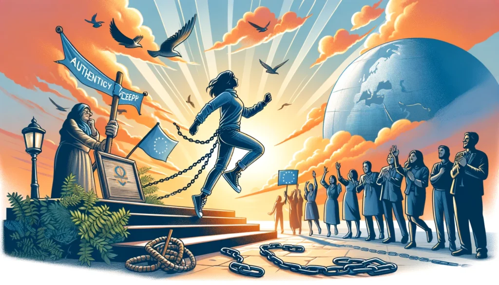 dall·e 2024 02 16 14.25.42 an illustration showcasing the importance of authenticity in personal development. it should visually depict a person breaking free from chains of con