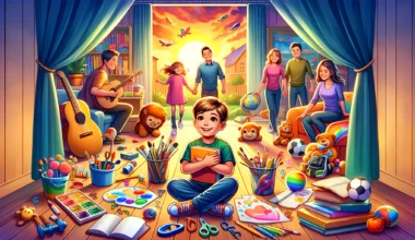 dall·e 2024 02 17 18.58.25 a wide, colorful illustration depicting a supportive family environment where a child is exploring various hobbies and interests. the scene includes a
