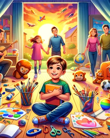 dall·e 2024 02 17 18.58.25 a wide, colorful illustration depicting a supportive family environment where a child is exploring various hobbies and interests. the scene includes a