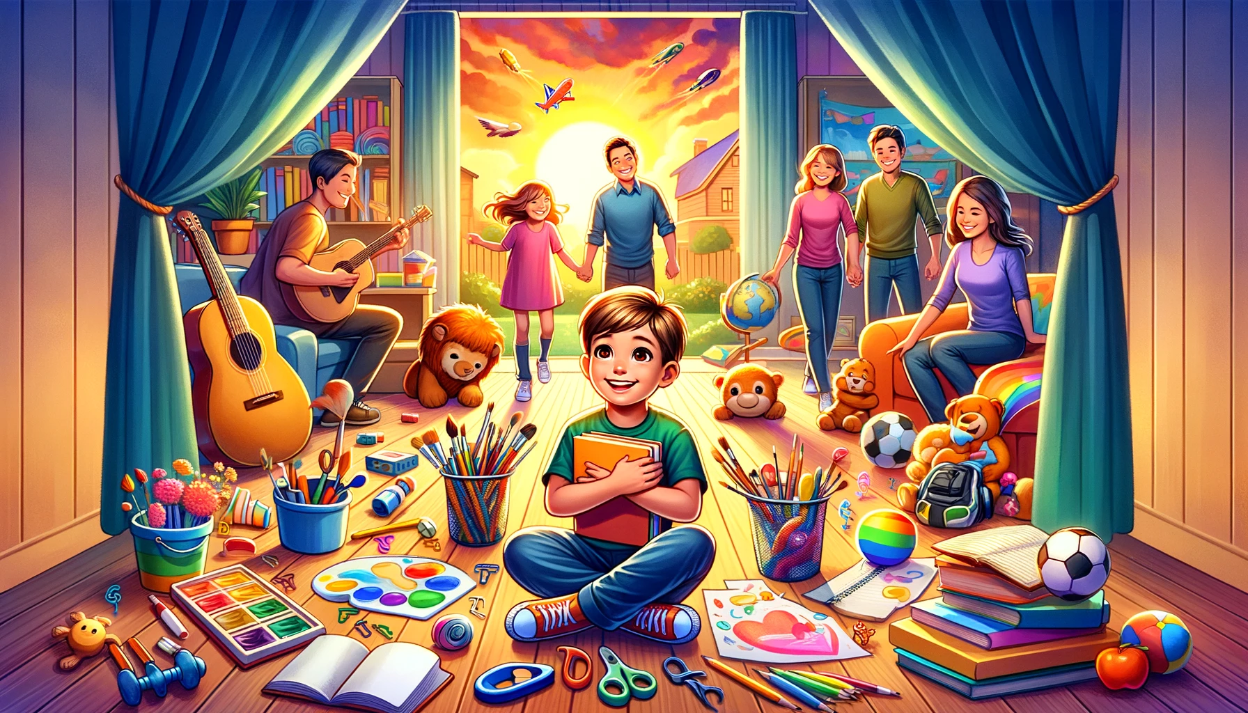 dall·e 2024 02 17 18.58.25 a wide, colorful illustration depicting a supportive family environment where a child is exploring various hobbies and interests. the scene includes a
