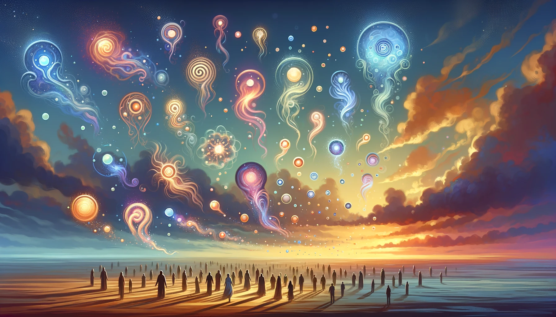 dall·e 2024 02 20 11.59.42 an illustration in 16 9 format 1920 pixels wide featuring symbolic egregores floating away. the scene should depict various ethereal forms and shape