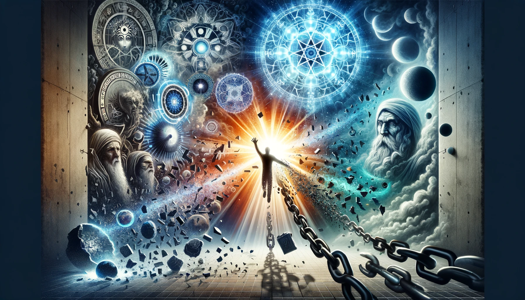 dall·e 2024 02 22 21.27.21 visualise an abstract concept of awakening and spiritual enlightenment in a modern world, overshadowed by manipulation and control through religious s