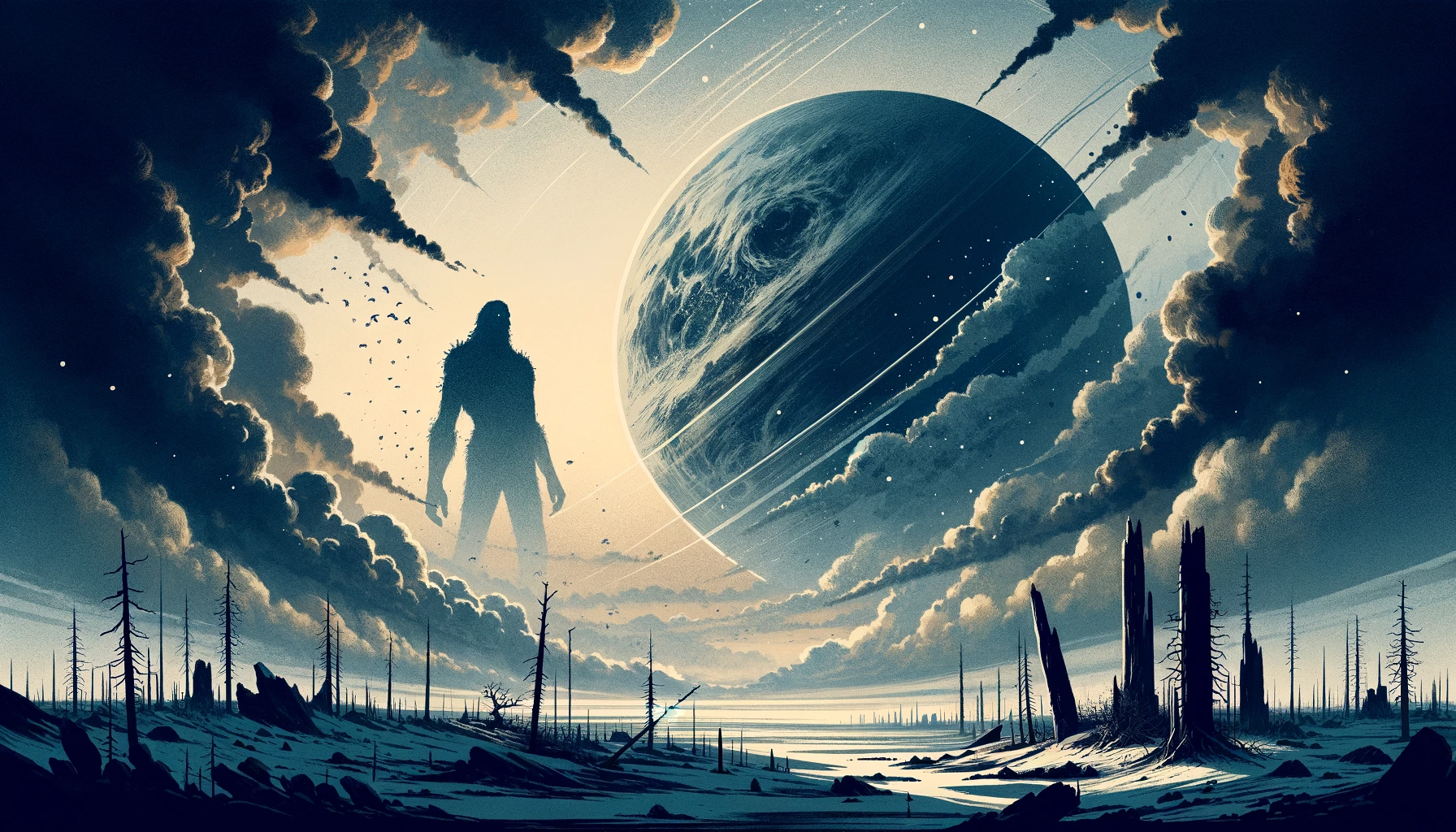 dall·e 2024 02 24 12.06.22 create a simpler illustration that captures the essence of a global catastrophe in the early 19th century, focusing on key elements such as a dramatic