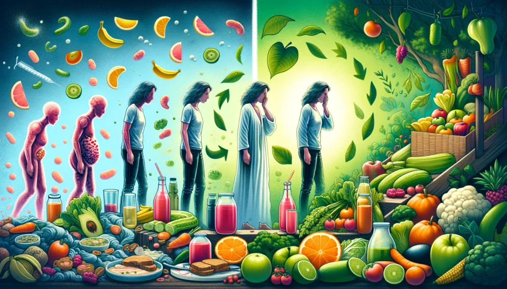 dall·e 2024 02 25 19.04.26 an illustration for a blog post about overcoming the fear of detoxification and embracing a healthy lifestyle through raw food diet. the image should