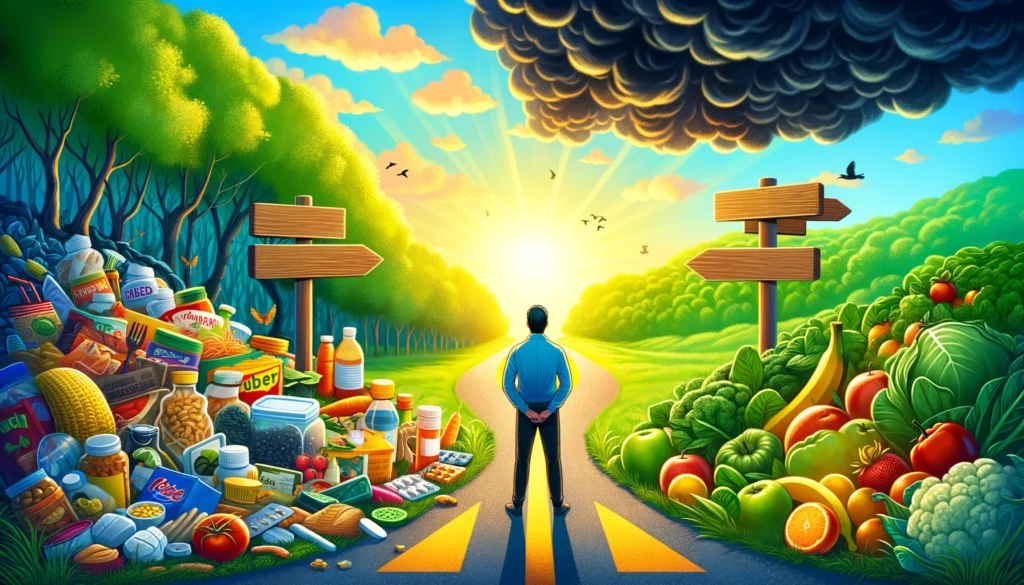 dall·e 2024 02 25 19.04.30 a vibrant illustration depicting a person standing at the crossroads, looking towards two paths one path leads to a dark, cluttered forest representi
