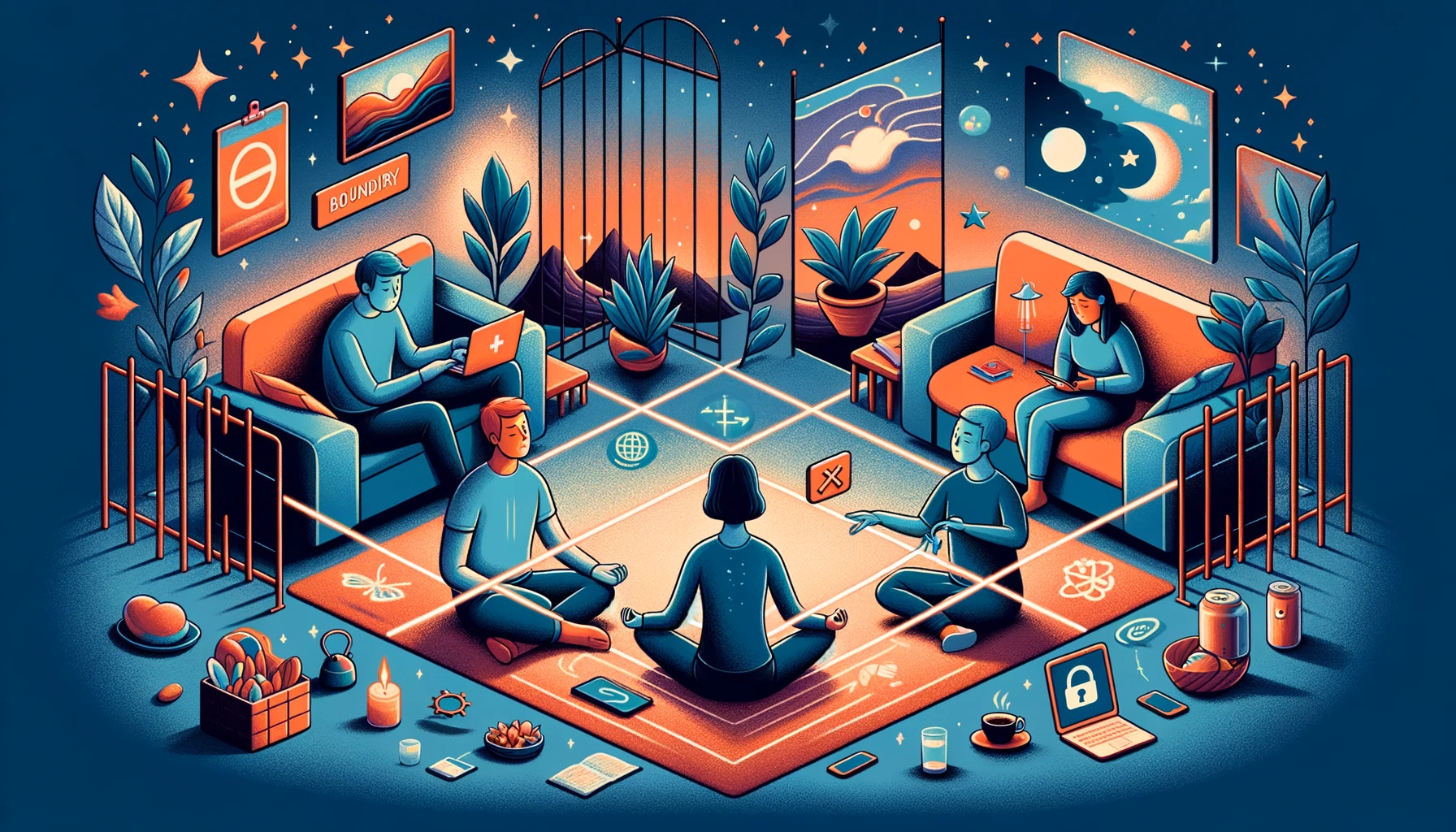 dall·e 2024 02 26 09.20.49 illustration in a 16 9 format, 1920 pixels wide, depicting the concept of personal boundaries, which are rules or guidelines that individuals set for
