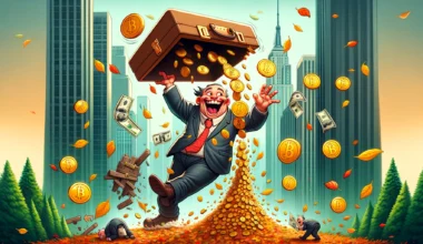 dall·e 2024 02 26 10.57.18 a humorous illustration depicting the fall of cryptocurrency values with a prominent wall street figure, symbolizing wall street's preference for prof