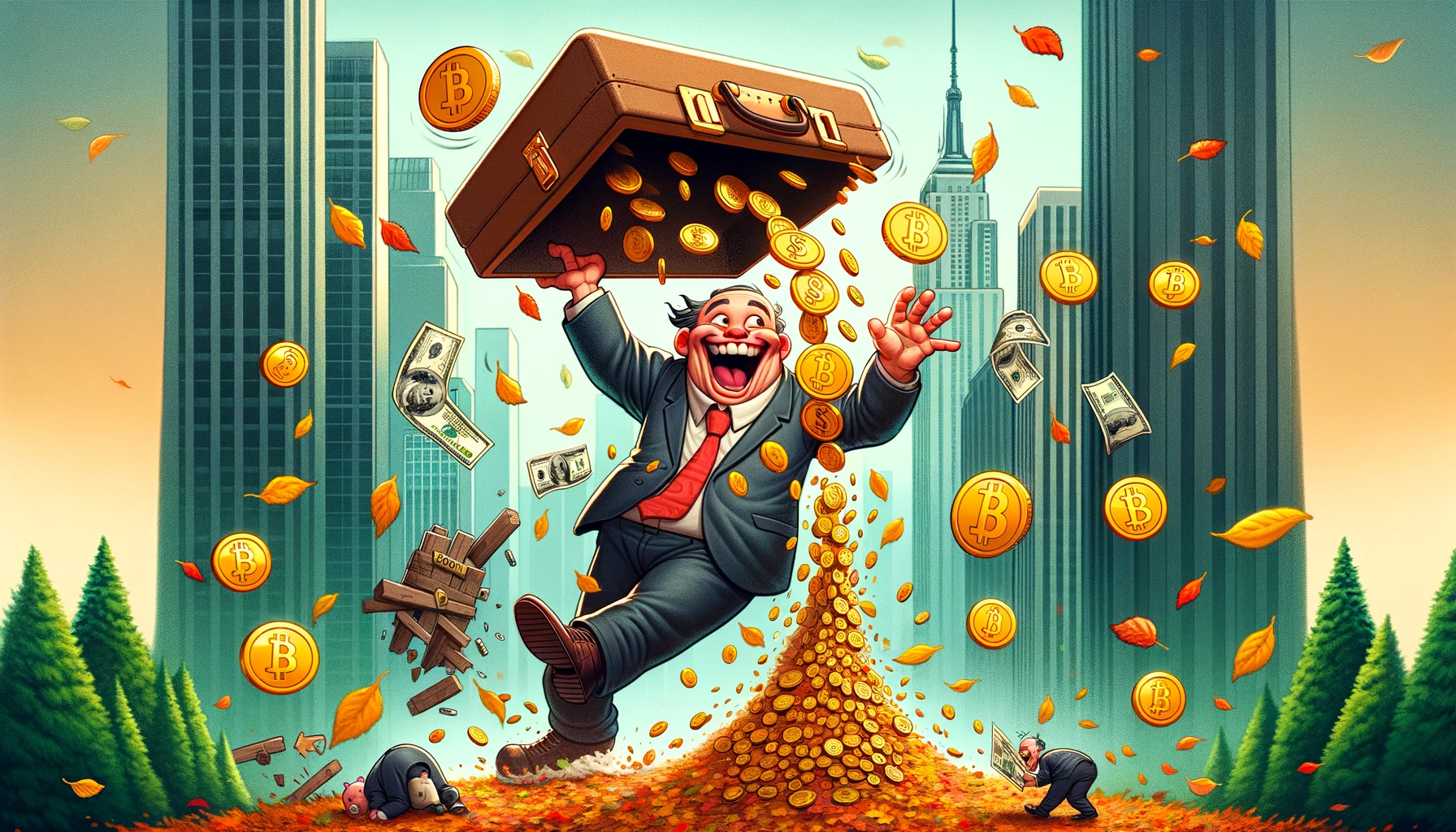 dall·e 2024 02 26 10.57.18 a humorous illustration depicting the fall of cryptocurrency values with a prominent wall street figure, symbolizing wall street's preference for prof