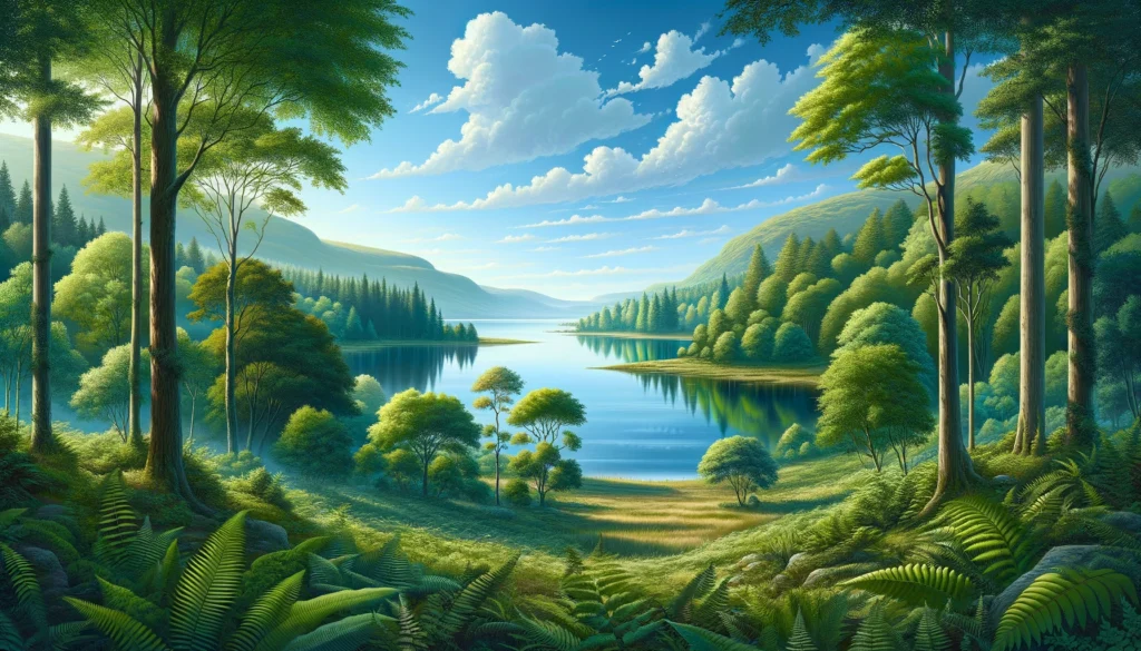 dall·e 2024 02 27 11.41.22 a serene and inspiring natural landscape showcasing a gradual transition from a dense, green forest opening up to a wide, calm lake. the foreground is