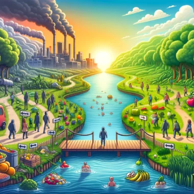 dall·e 2024 02 27 11.42.00 a serene landscape depicting a gradual transition from a polluted, unhealthy environment on the left to a vibrant, healthy ecosystem on the right. the
