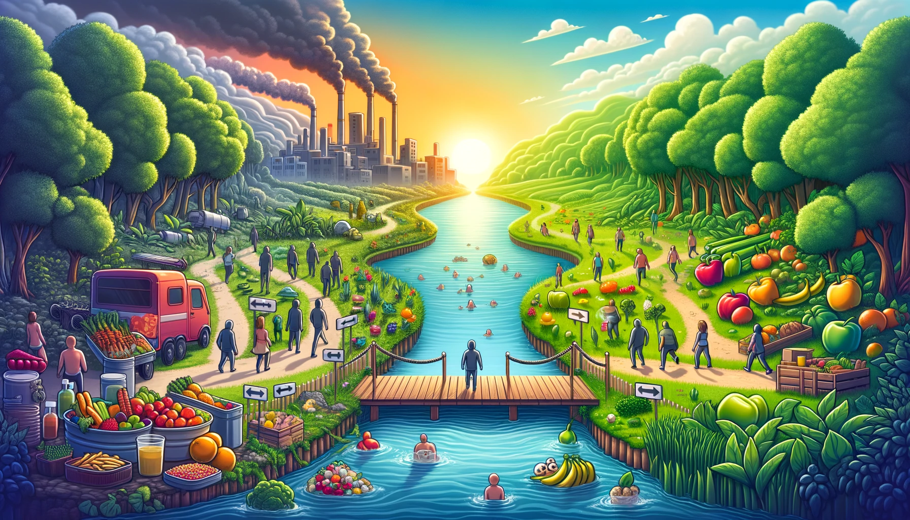 dall·e 2024 02 27 11.42.00 a serene landscape depicting a gradual transition from a polluted, unhealthy environment on the left to a vibrant, healthy ecosystem on the right. the