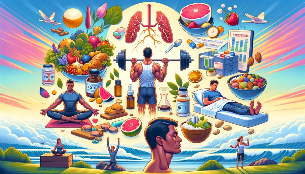 dall·e 2024 02 25 21.41.44 illustration reflecting the summary of an article on maintaining optimal testosterone levels. the image should depict a balanced lifestyle, including
