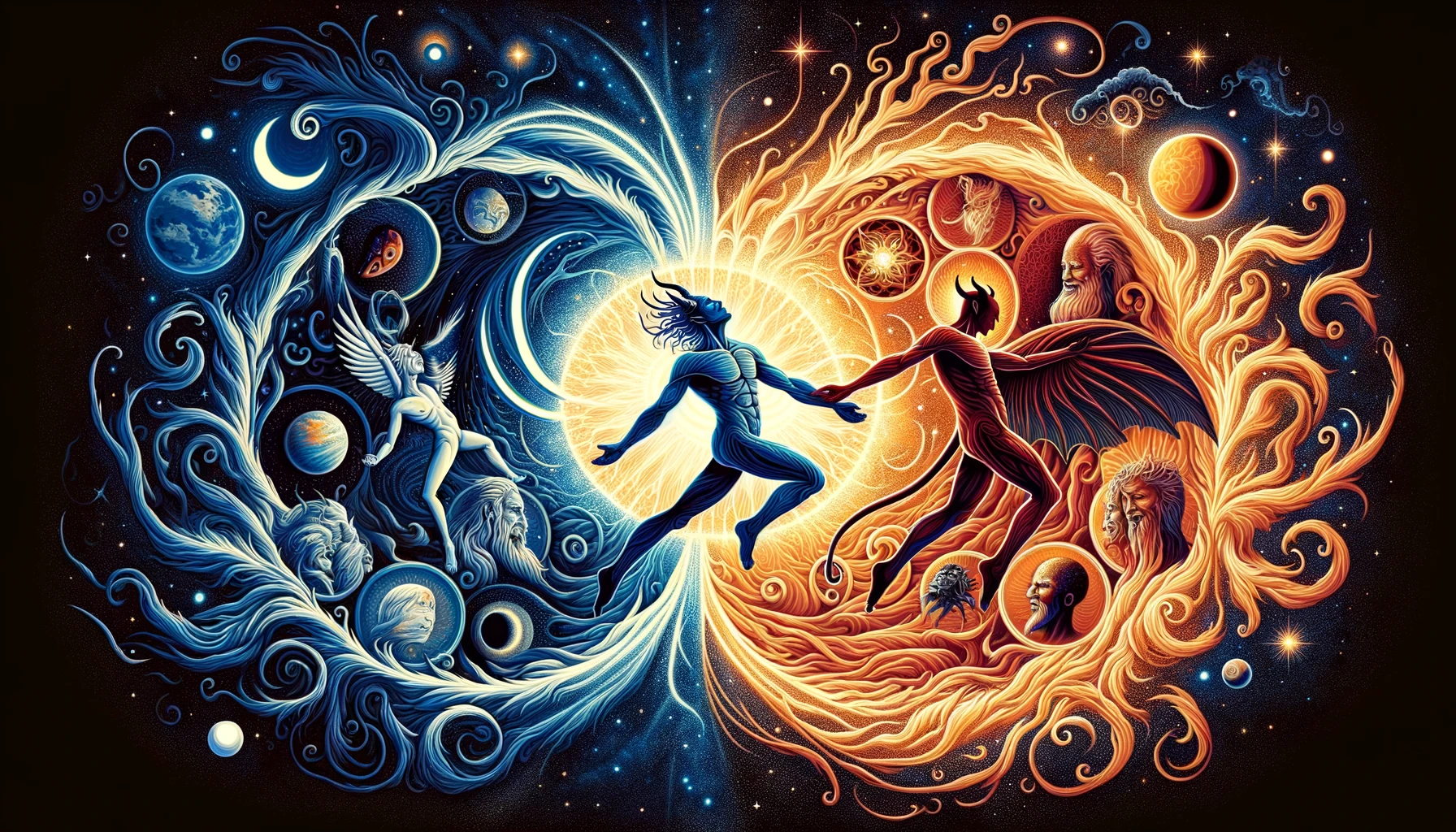 Illustratsioon, mis kujutab "kuradite" ja "jumalate" keerulist suhet universumi kosmilises tasakaalus, nende sümbiootilist rolli inimkonna vaimses arengus ja kosmose evolutsioonis, on loodud. Pilt peegeldab harmoonia ja konflikti, valguse ja pimeduse essentsi ning inimhingede teekonda selles kosmilises tantsus.