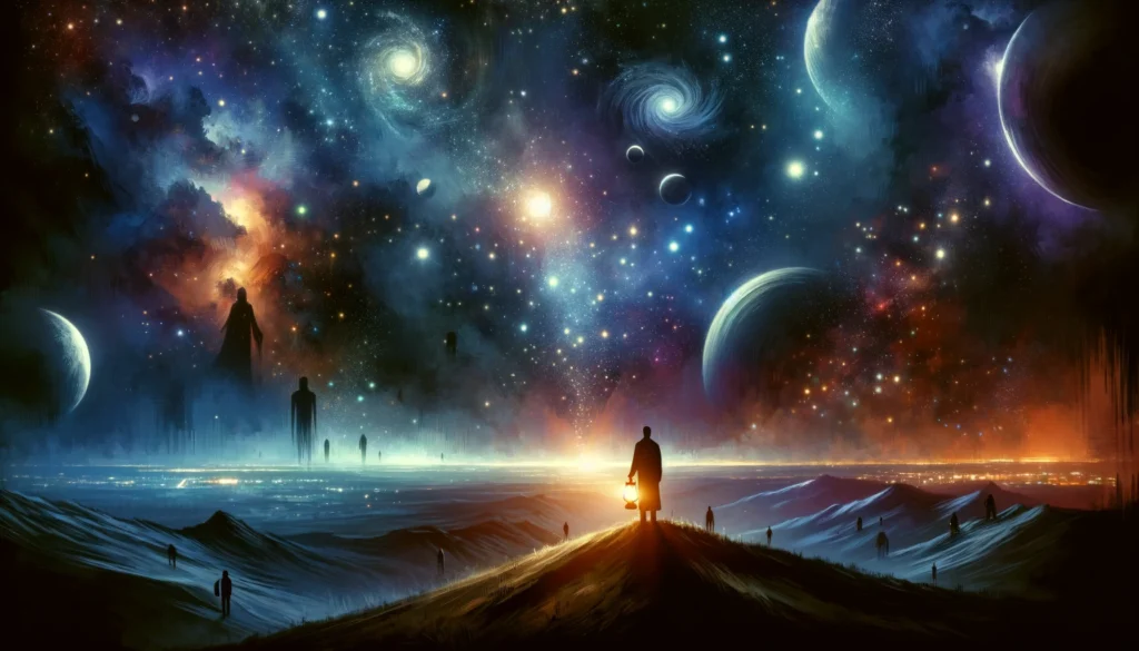 dall·e 2024 03 16 22.01.11 a cosmic landscape where the night sky is filled with stars, planets, and galaxies, suggesting a vast universe beyond human control. in the foreground