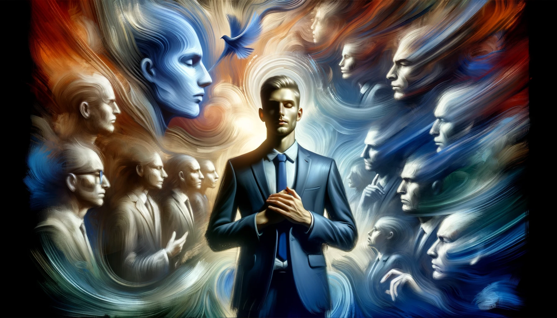 dall·e 2024 03 17 11.26.55 a serene and confident figure stands firmly in the center of a chaotic scene embodying calm and determination amidst a whirlwind of blurred faces and