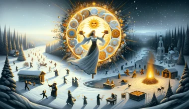 dall·e 2024 03 17 18.01.17 an illustration that captures the essence of maslenitsa, blending both its joyous and contemplative aspects. the image should depict a snowy landscape