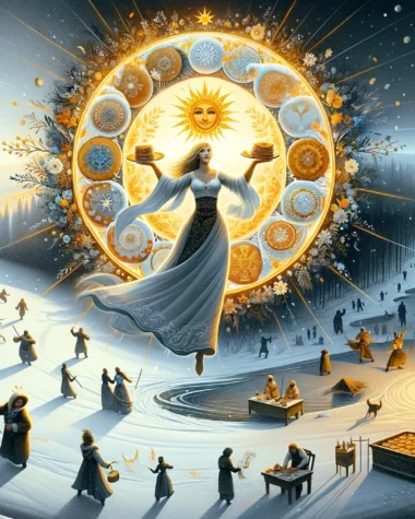 dall·e 2024 03 17 18.01.17 an illustration that captures the essence of maslenitsa, blending both its joyous and contemplative aspects. the image should depict a snowy landscape