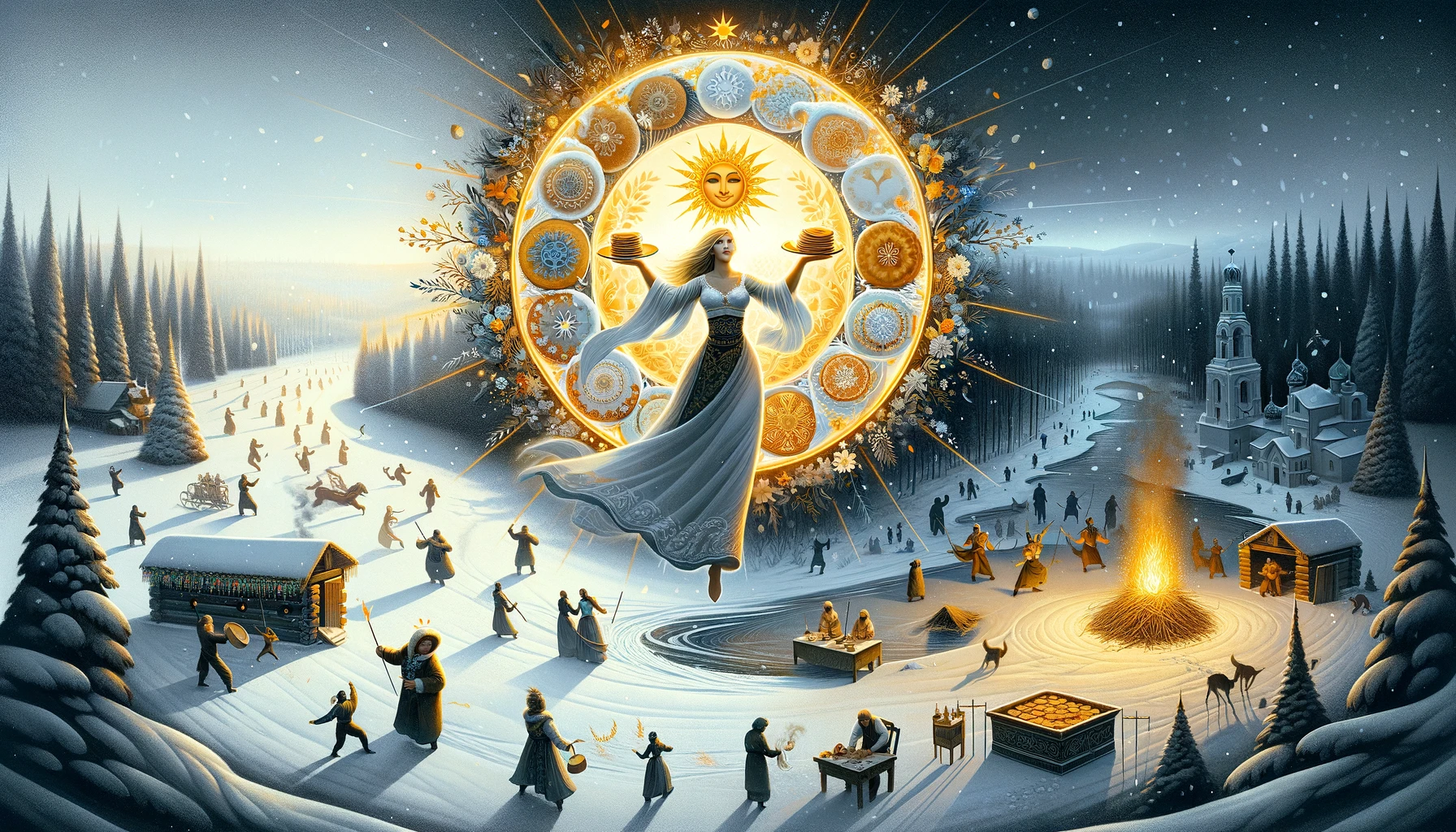 dall·e 2024 03 17 18.01.17 an illustration that captures the essence of maslenitsa, blending both its joyous and contemplative aspects. the image should depict a snowy landscape