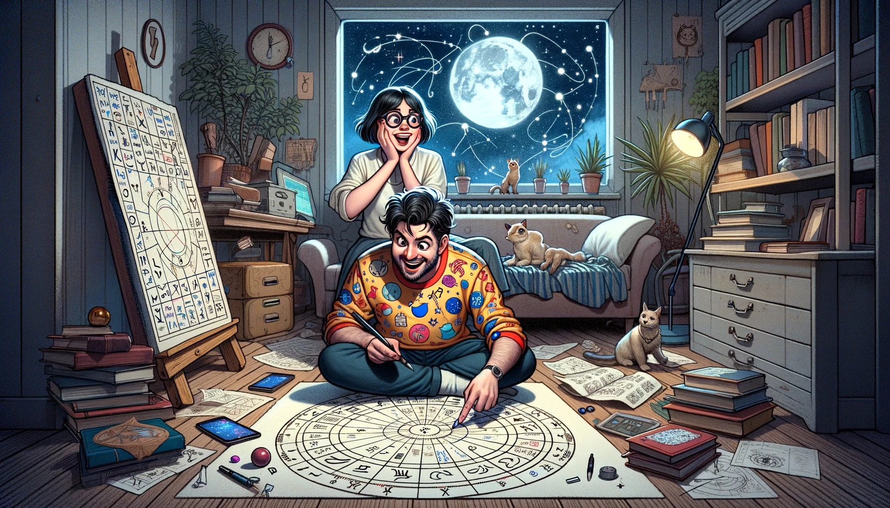 dall·e 2024 03 17 18.33.10 in a cozy, slightly cluttered living room filled with books and celestial themed decor, two people are featured in a humorous scene set in a 16 9 form