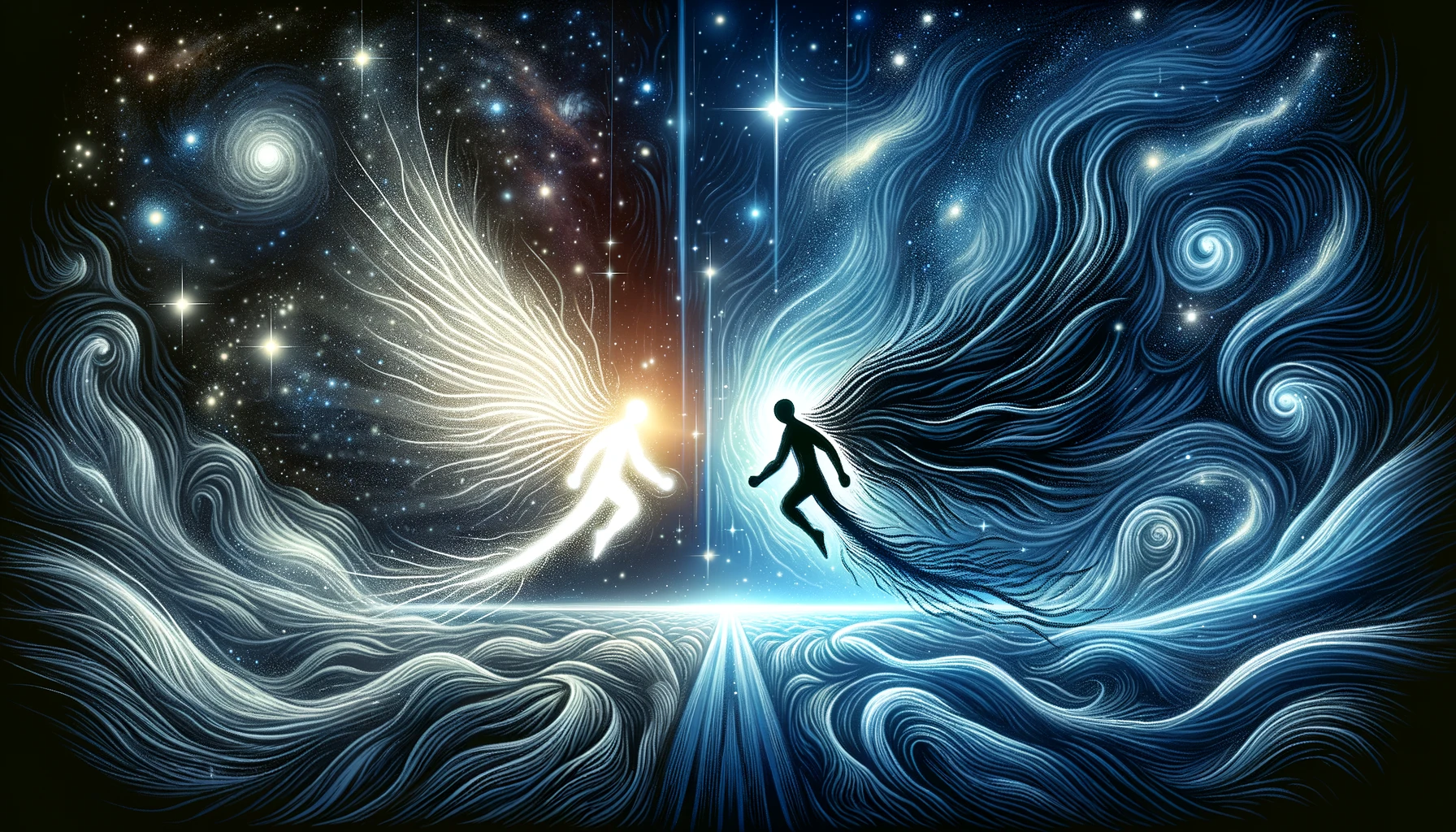 dall·e 2024 03 18 21.19.29 a cosmic scene illustrating the mythical struggle between light and darkness. the scene includes a vast cosmos with stars and galaxies, where abstract