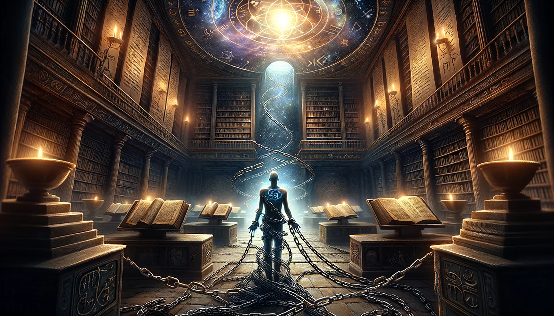 dall·e 2024 03 25 14.04.48 imagine a scene that captures the essence of a world where humanity's spiritual and scientific progress has been deliberately hindered. in the foregro