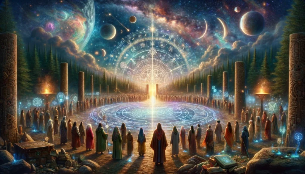 dall·e 2024 03 25 14.11.44 visualize an ancient world where knowledge and secrets about the universe, spirituality, and human potential are guarded by a mystical barrier. in the