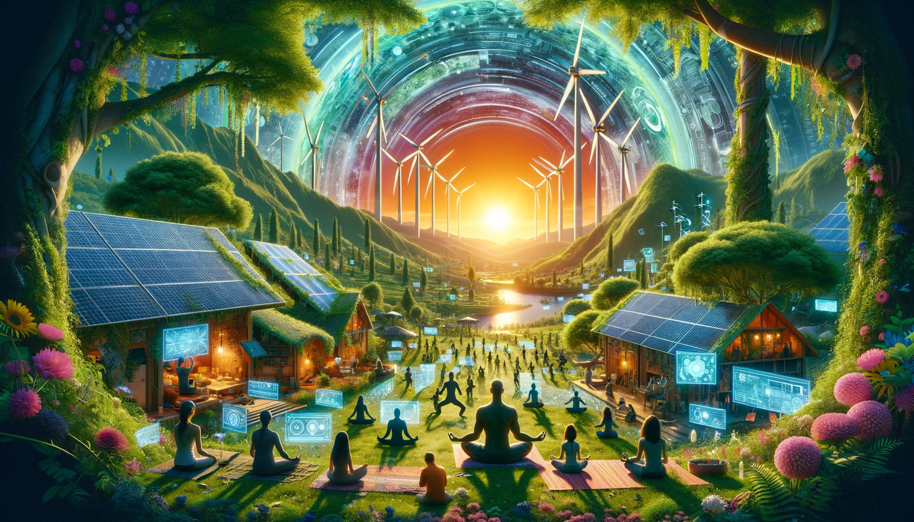 dall·e 2024 03 25 21.33.12 illustrate a harmonious transition towards a more sustainable and spiritually enlightened society, where technology and spiritual growth are intertwin