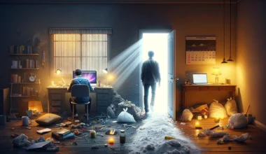 dall·e 2024 03 29 21.01.33 a conceptual image that looks like a photograph, capturing the essence of personal development and overcoming addiction. the scene is divided into two