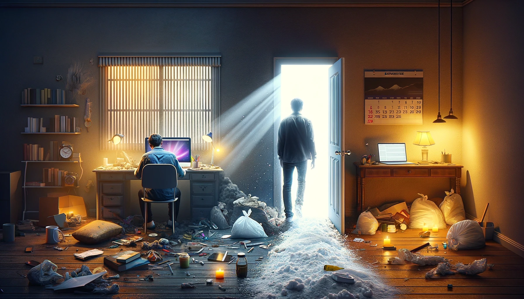 dall·e 2024 03 29 21.01.33 a conceptual image that looks like a photograph, capturing the essence of personal development and overcoming addiction. the scene is divided into two