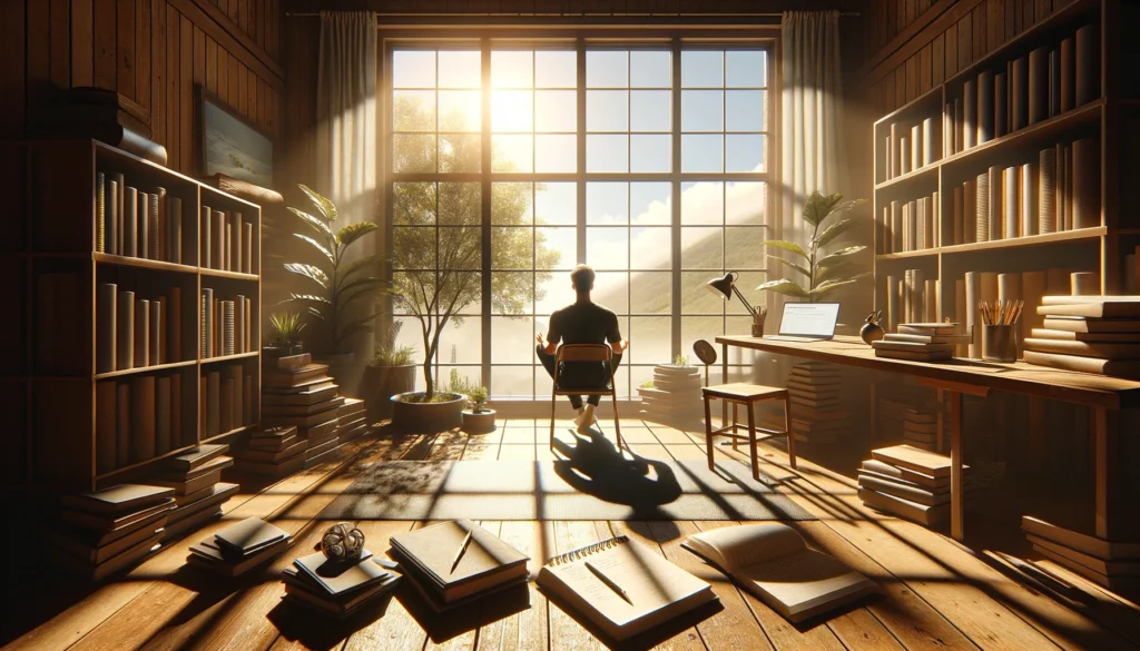 dall·e 2024 03 29 21.19.01 a conceptual image that looks like a photograph, portraying the theme of mental rejuvenation and self improvement. it features a person sitting in a s