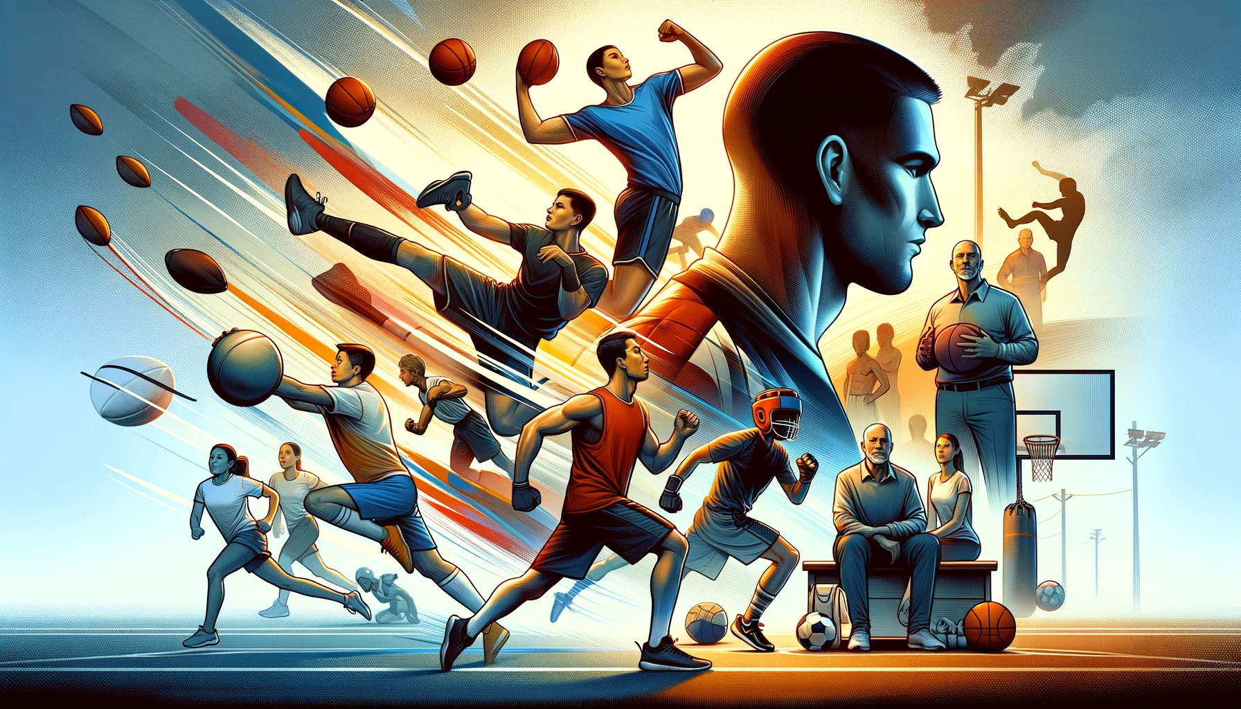 dall·e 2024 03 29 21.34.21 a dynamic illustration showing a blend of individual and team sports activities. the image captures a moment of unity and diversity in sports, featuri