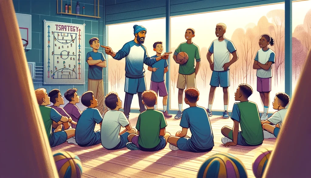 dall·e 2024 03 29 21.47.23 a heartwarming and inspiring illustration showing a diverse group of young athletes gathered around their coach, who is giving them guidance and encou