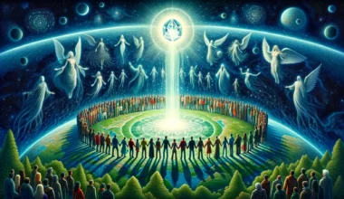 dall·e 2024 04 01 10.46.34 an illustration depicting a metaphorical scene inspired by the idea of collective consciousness and spiritual strength triumphing over darkness. the s