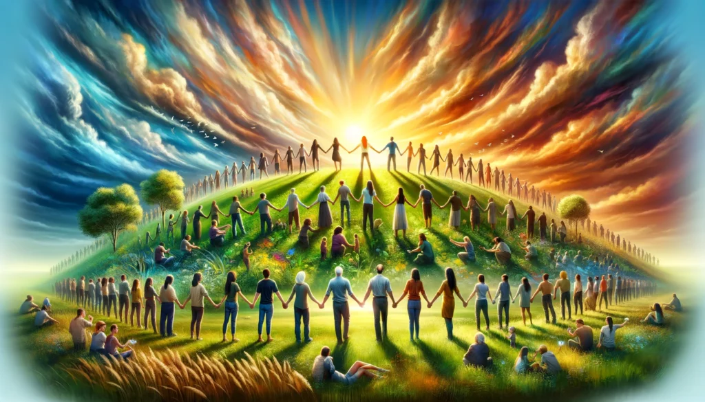 dall·e 2024 04 01 10.47.29 an imaginative scene depicting a diverse group of people standing together, united and strong, on a beautiful, lush green hill under a bright and expa