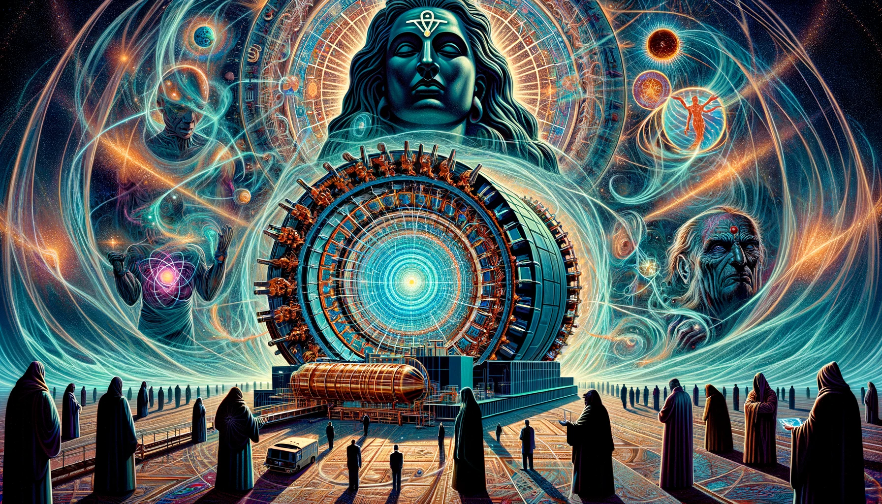 dall·e 2024 04 04 13.44.54 an illustration depicting cern's large hadron collider surrounded by mysterious symbols and elements of satanic rituals. in the background, a dominant